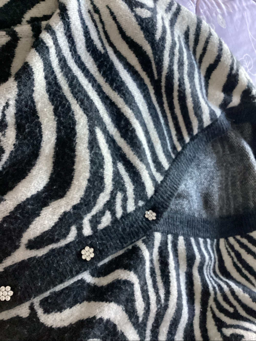 Zara Black and White Zebra Print Cardigan with Flower Buttons EUC